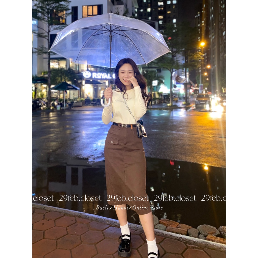 Chân váy jeans dáng dài xẻ sau kem thắt lưng - 29feb.closet - CV13