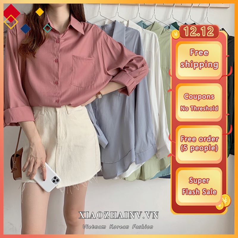 [ Mã 12FASHIONSALE1 giảm 10K đơn 50K ] Áo sơ mi cổ polo Xiaozhainv dài tay dáng rộng thời trang Hàn Quốc