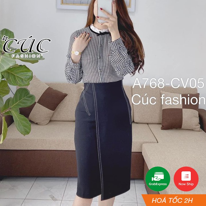 Chân váy đầm bút chì công sở cao cấp dáng dài Cúc Fashion CV05 đầm váy nữ 2 kẻ vạt