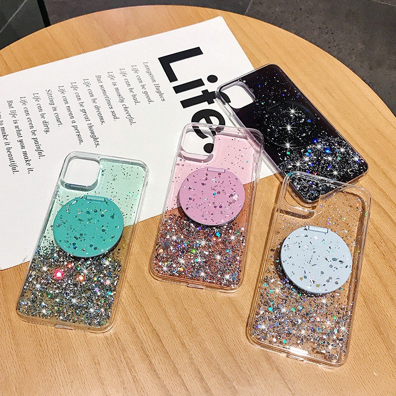 Case iPhone 12 Mini 11 Pro Max 6 6S 7 8 Plus X XR XS XS Max SE 2020 Epoxy Silver Foil Glitter Phone Case With a round mirror