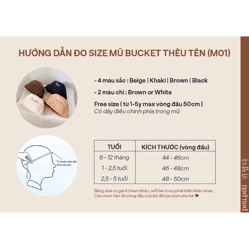 Mũ Bucket thêu tên bé phong cách Hàn 4 màu lựa chọn - peu.péti