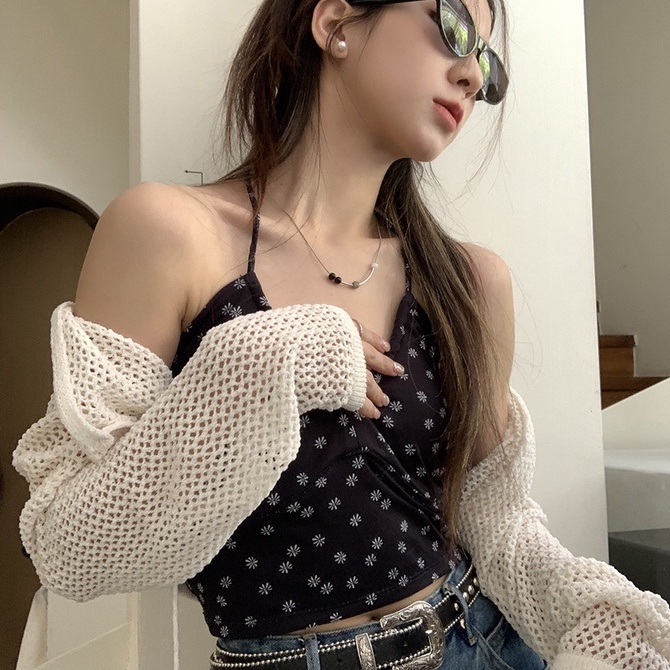 【ZHELIHANGFEI】 / Áo Hai Dây Họa Tiết Hoa Xinh Xắn Cho Nữ