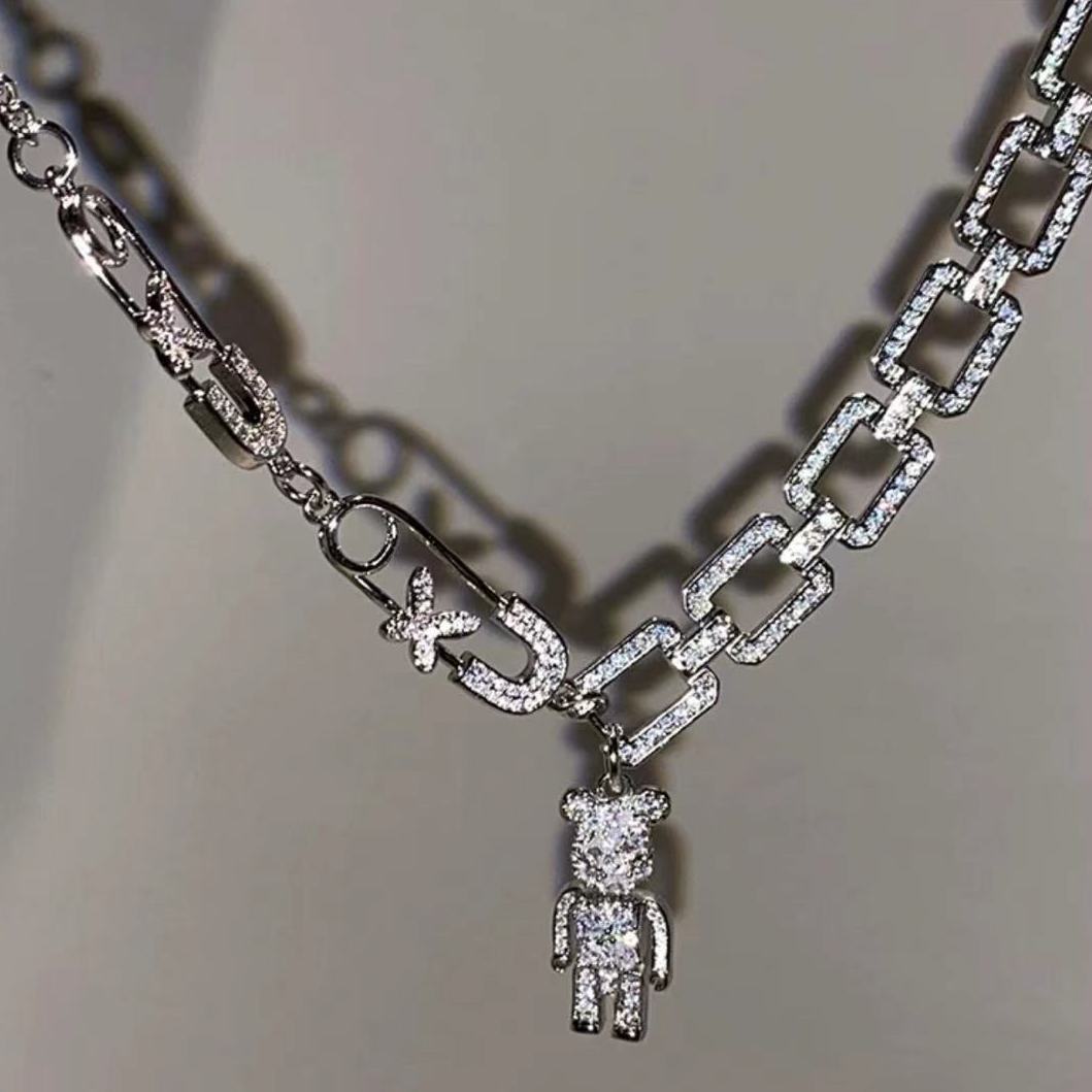 keytSelf-MademiniViolence BearBearbrickFull Zirconium!Y2KStreet Style Rhinestone Bear Multi-Element Necklace