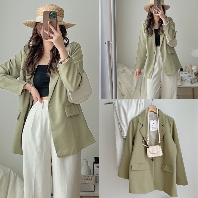 [ẢNH THẬT]Áo blazer màu xanh bơ Tay sang chảnh trơn Khoác Dạ Dáng Dài - dáng suông rộng trượt vạt bầu dáng rộng- áo khoá