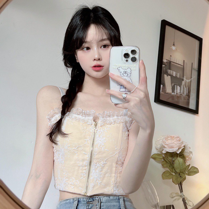 Áo Bra Nữ Hai Dây Croptop - Dây Khóa Thời Thượng Họa Tiết Ren Hoa Quyến Rũ 2210