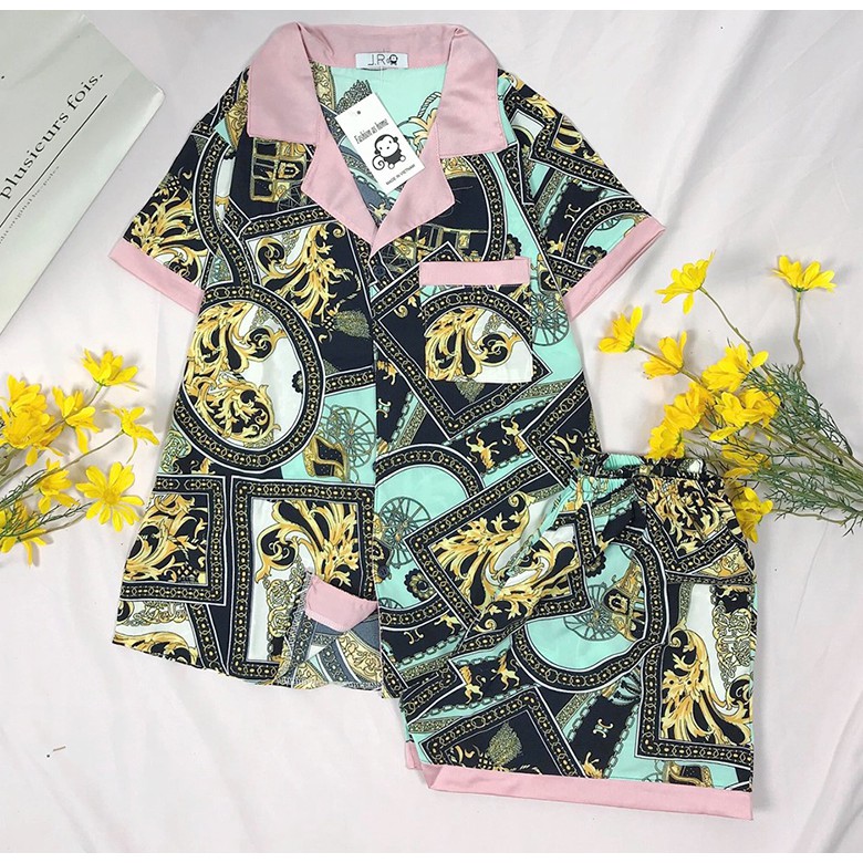 Pijama Lụa Cát Phối Quần Cộc Tay Ngắn Freesize