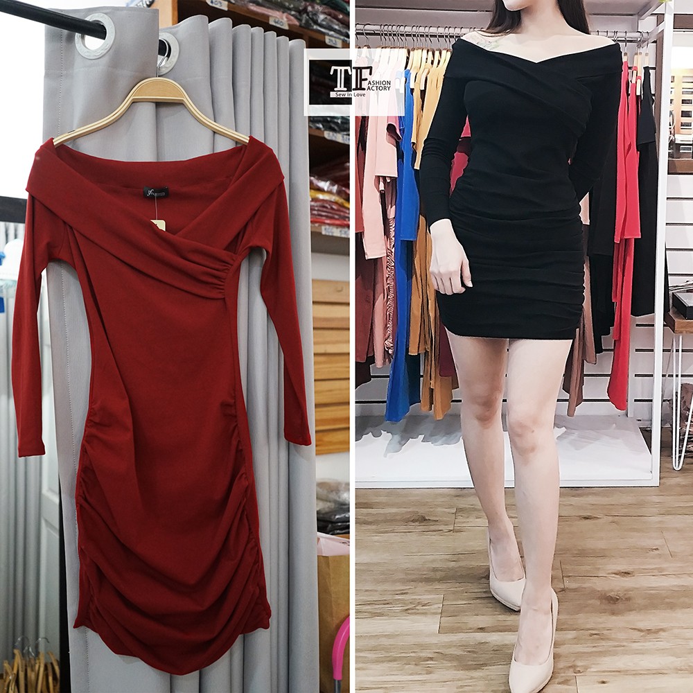 537 - Đầm ôm body dún sườn bẹt vai chéo , tay dài