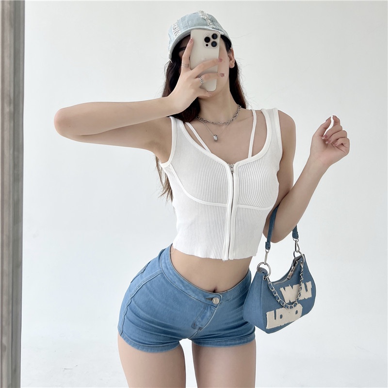 SUXI Áo Croptop Dệt Kim Không Tay Màu Sắc Đơn Giản Dễ Phối Đồ