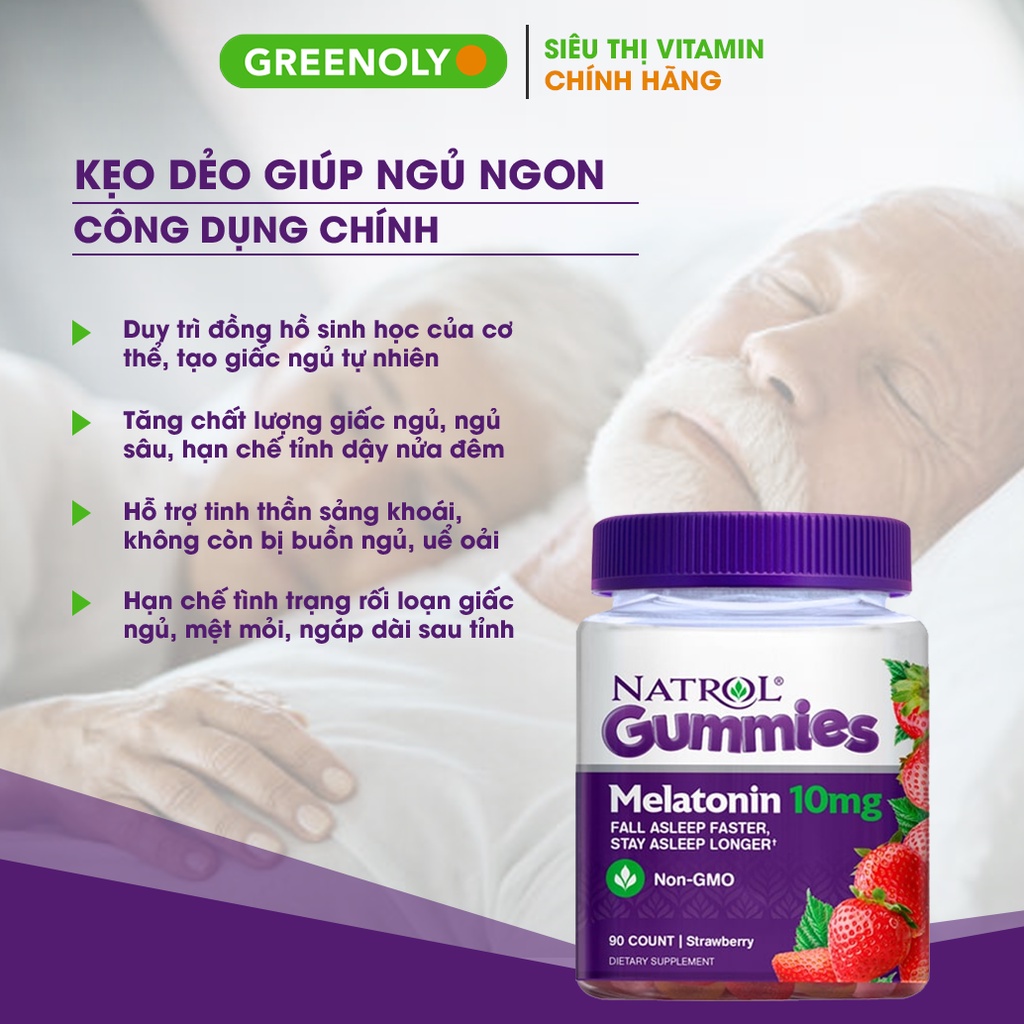 [Mẫu mới] Kẹo Dẻo Hỗ Trợ Ngủ Ngon Natrol Gummies Melatonin 10mg vị dâu 90 viên