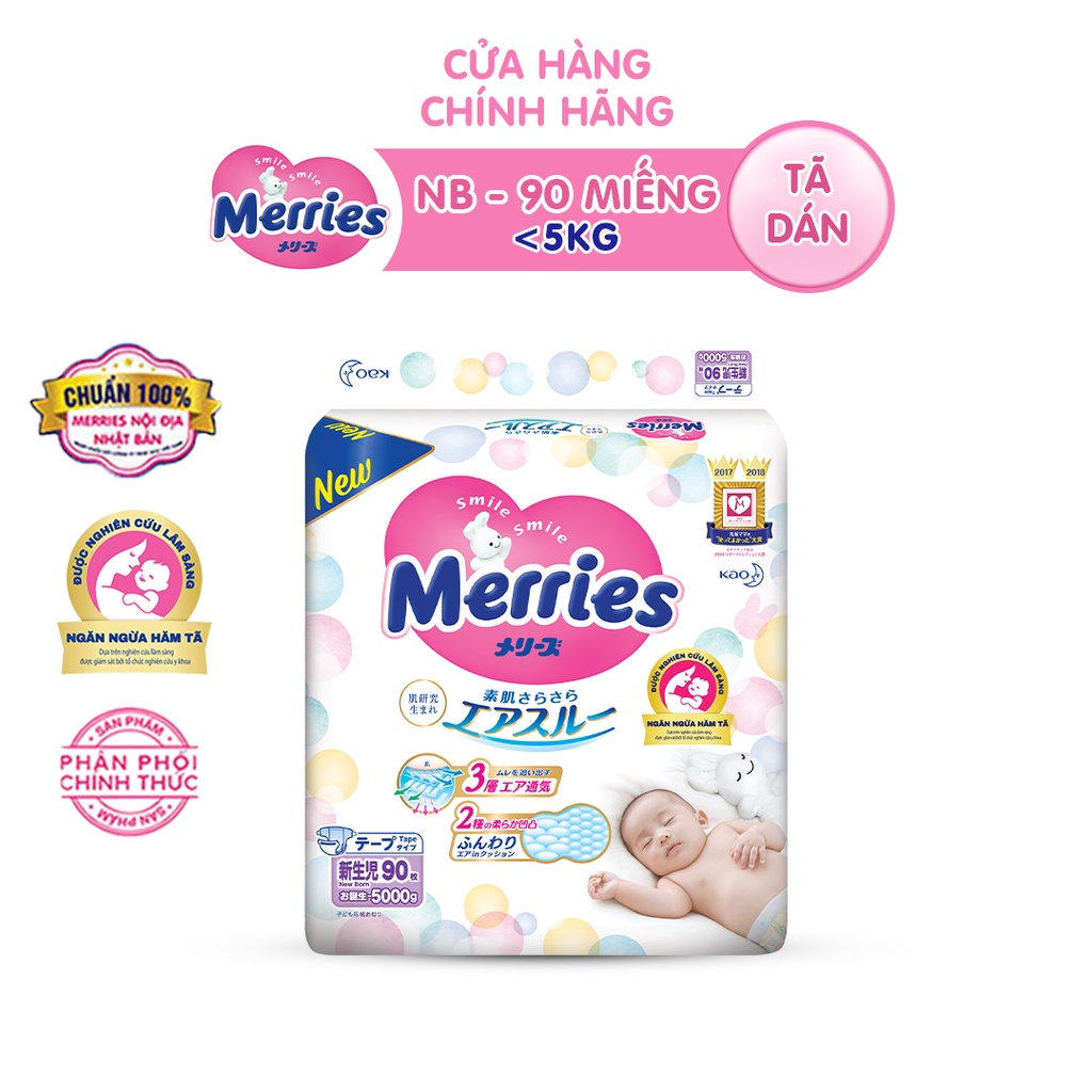Tã/bỉm dán Merries size NB 90 miếng (Cho bé dưới 5kg)