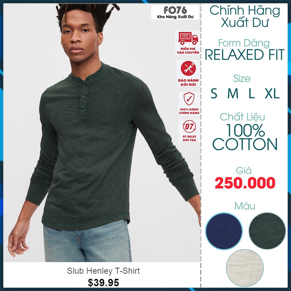 [XUẤT XỊN] ÁO THUN NAM G..A.P TAY DÀI CỔ HENLEY VẢI COTTON MỀM MẠI - FO76 SHOP