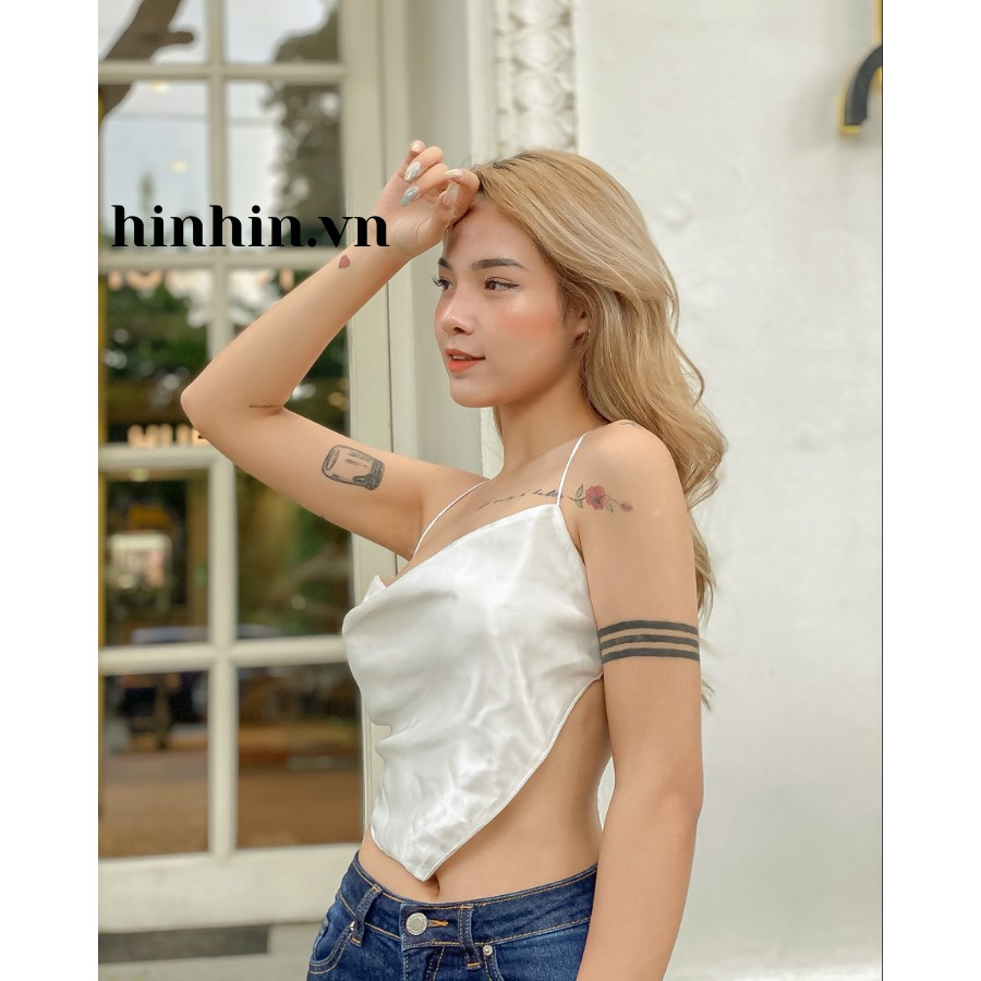Áo croptop yếm lụa màu đen và màu trắng HAC89 - Hỉn Hỉn Store