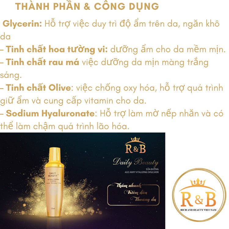 Sữa dưỡng da mặt trắng da Daily Beauty Age Away R&B Hàn Quốc Mỹ phẩm chính hãng SD8365 [100% CHÍNH HÃNG + QUÀ TẶNG KÈM]