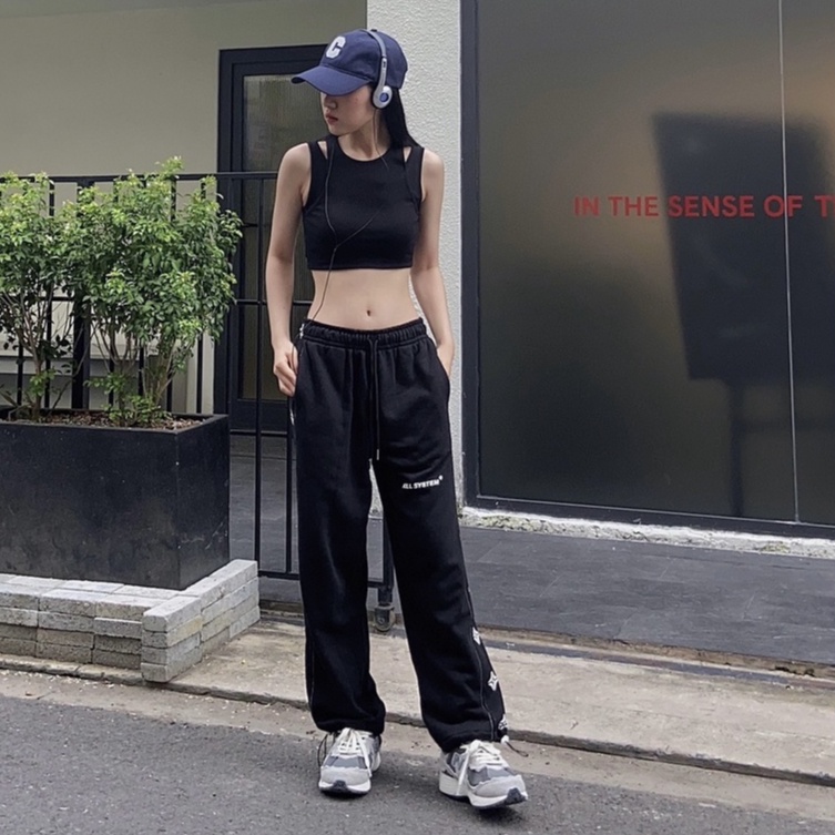 Áo ba lỗ khoét vai, croptop trơn giả hai áo, màu đen thun gân co giãn Kill System