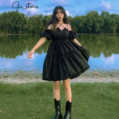 [ Có Ảnh Thật ] Váy Đen Hai Dây Ngực Trễ Vai Buộc Cổ Chất Liệu Đũi Dày Dặn Hot Trend GU Store mã122 | BigBuy360 - bigbuy360.vn