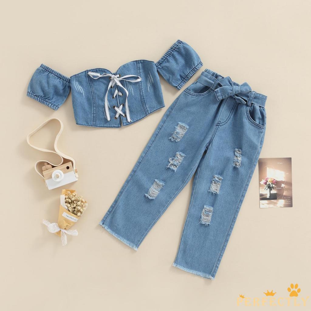 Set áo crop top trễ vai tay ngắn kèm quần jeans rách thời trang cho bé gái 2- tuổi