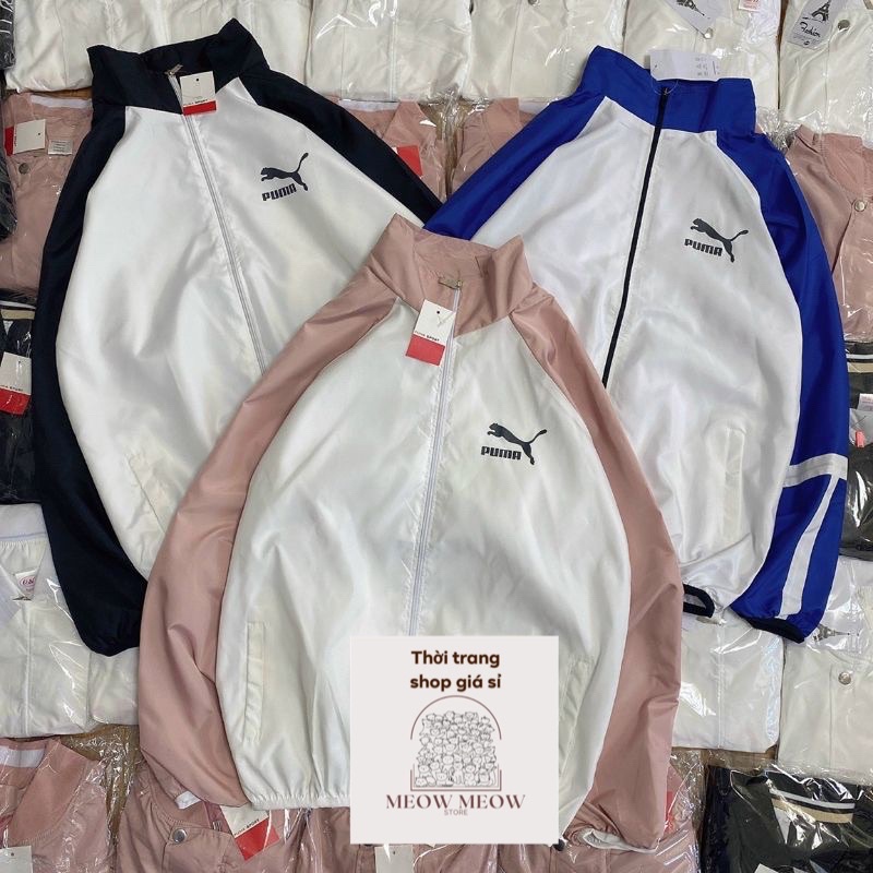 Áo khoác dù 2 lớp logo puma phối sọc tay form rộng nam nữ