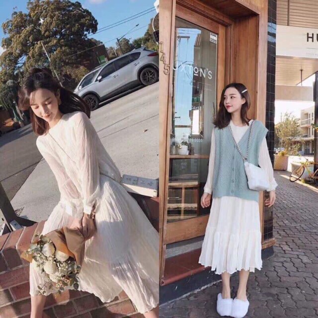(Có sẵn) Váy trắng babydoll dài / Áo gile len ulzzang / Set váy maxi ( có ảnh thật) | BigBuy360 - bigbuy360.vn