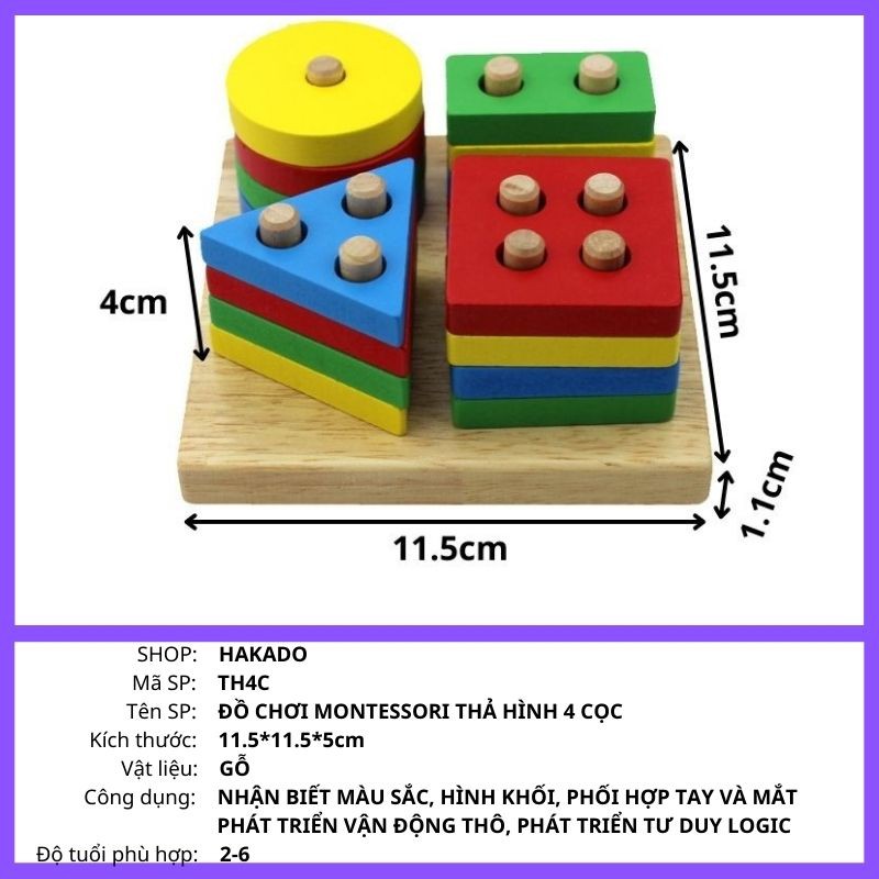 Đồ chơi montessori thả hình 4 cọc bằng gỗ cho bé