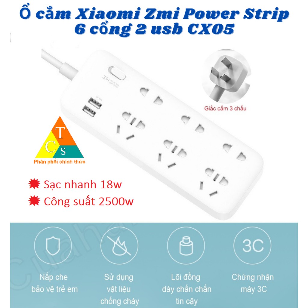 Ổ cắm điện 6 đầu tích hợp 2 cổng sạc nhanh USB ZMI CX05