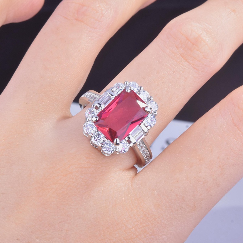 Nhẫn đính hôn màu bạc đính đá zircon đỏ hình vuông sang trọng có thể điều chỉnh kích thước dành cho nữ