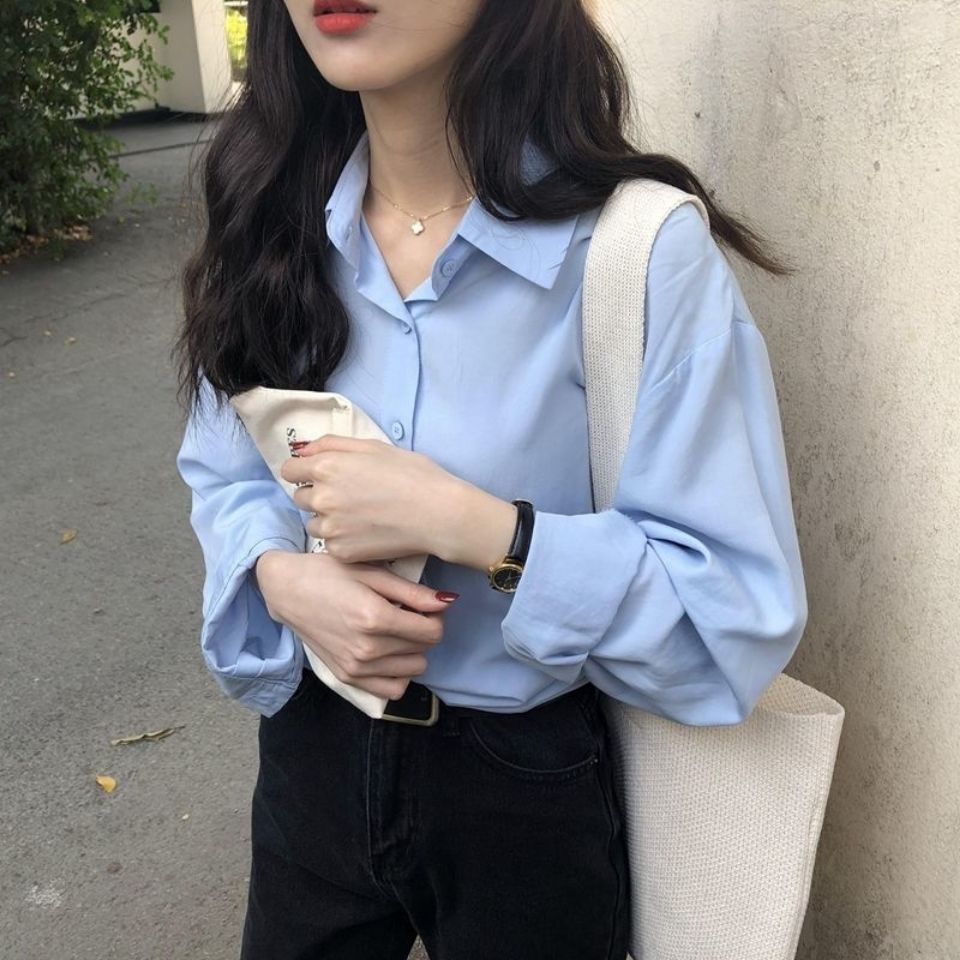 COZOK Áo sơ mi chiffon COZOK dáng rộng màu trơn phong cách thời trang Hàn Quốc