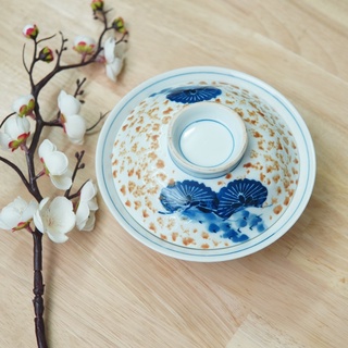 Tô cạn có nắp men đá vẽ hoa - gốm sứ nhật bản