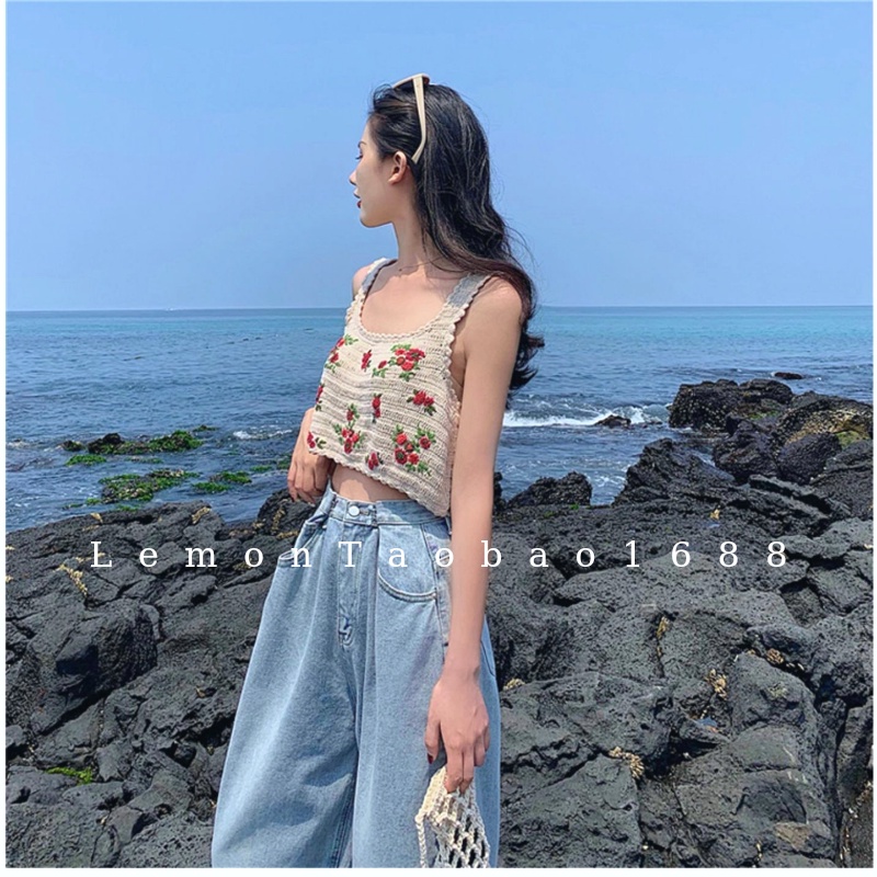 [ Sẵn ] Ảnh thật Áo ba lỗ dệt kim thêu hoa đi biển chất đẹp Lemontaobao1688