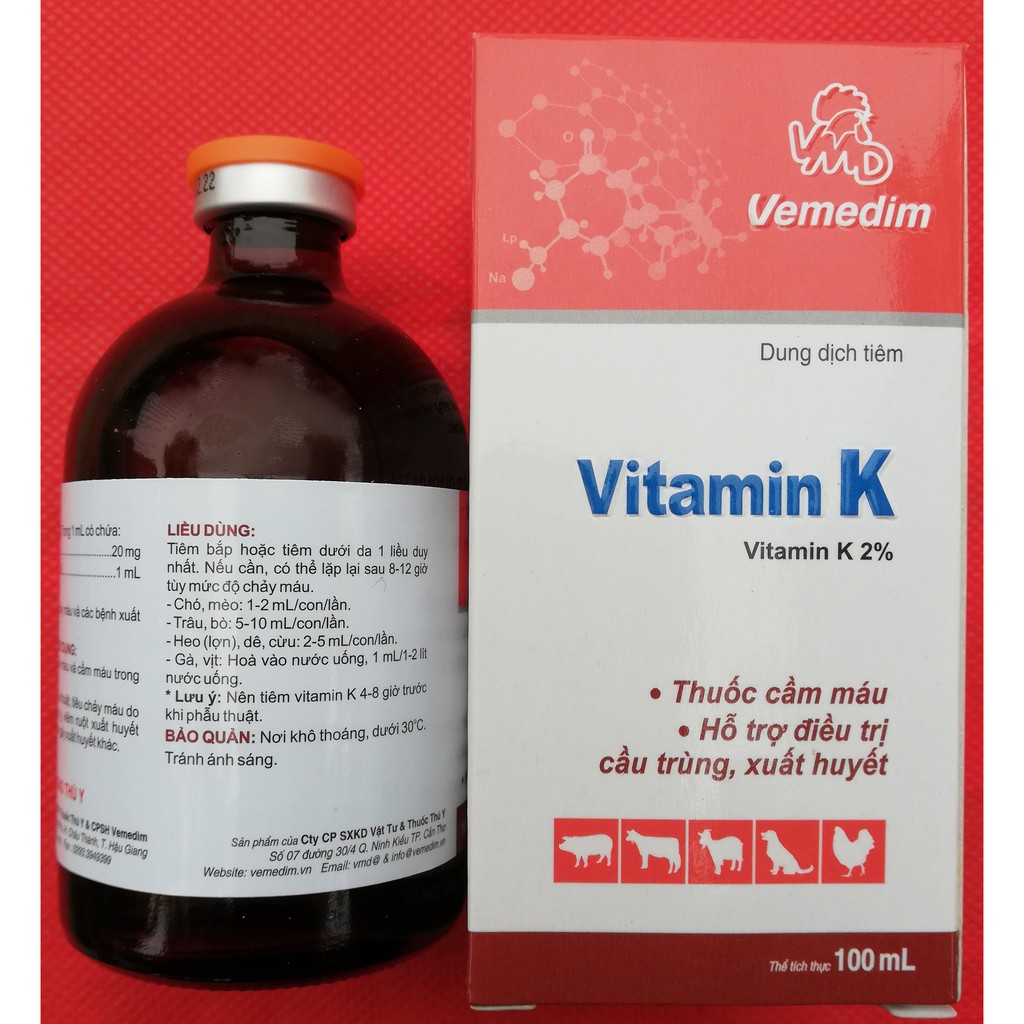 1 lọ Vitamin K 100ml Giúp cầm máu, hạn chế mất máu trong phẫu thuật ở gia súc, gia cầm, chó mèo