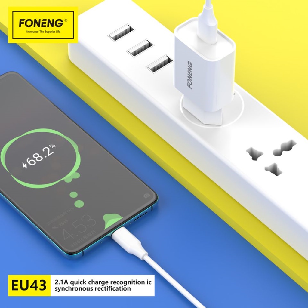 Bộ sạc FONENG EU43 USB Lightning sạc nhanh 2.1A, thích hợp nhiều dòng iPhone/iPad..., dây nhựa dẻo, dài 100cm