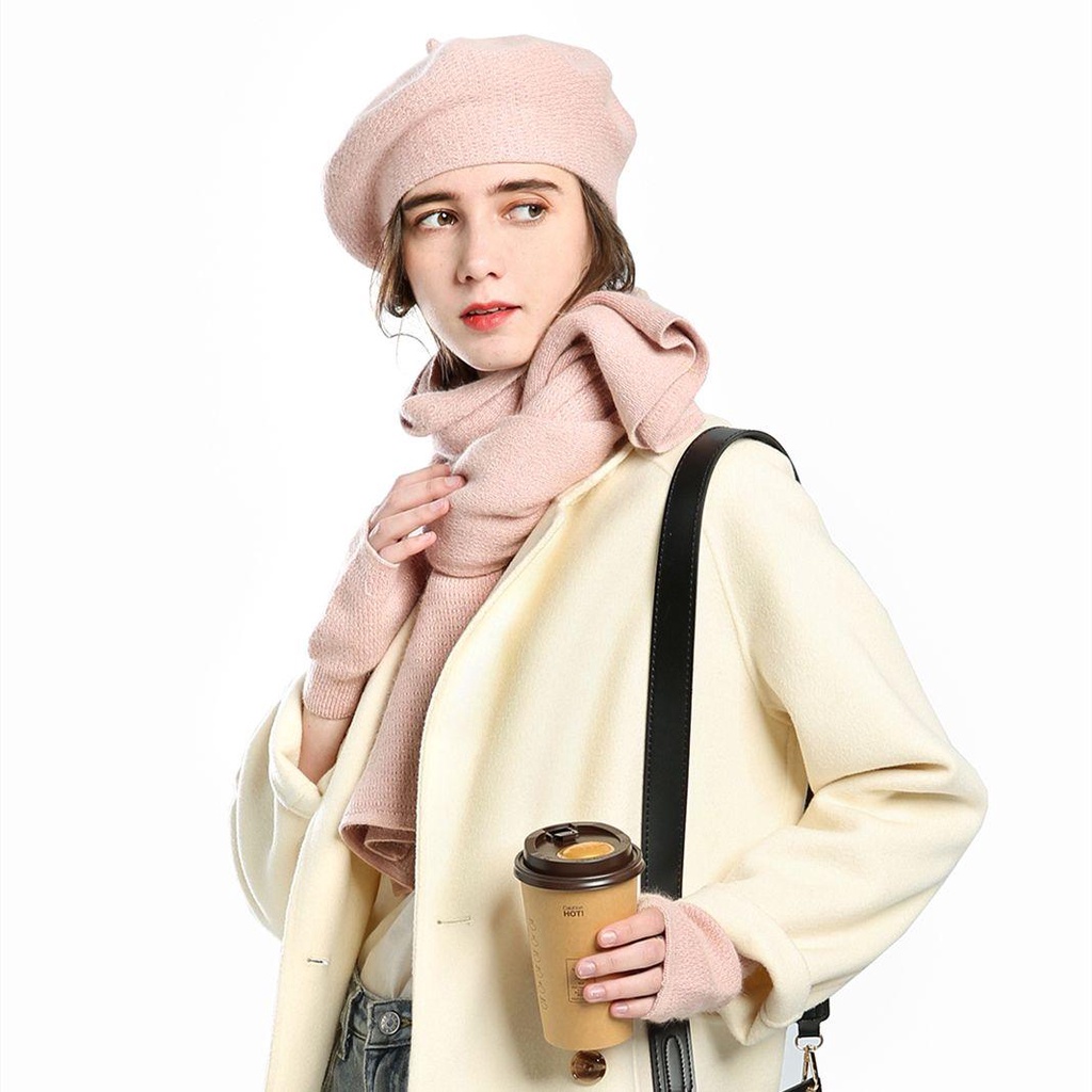 Set 3 Món Găng Tay + Mũ + Găng Tay + Găng Tay Len Cashmere Mềm Mại Mùa Đông