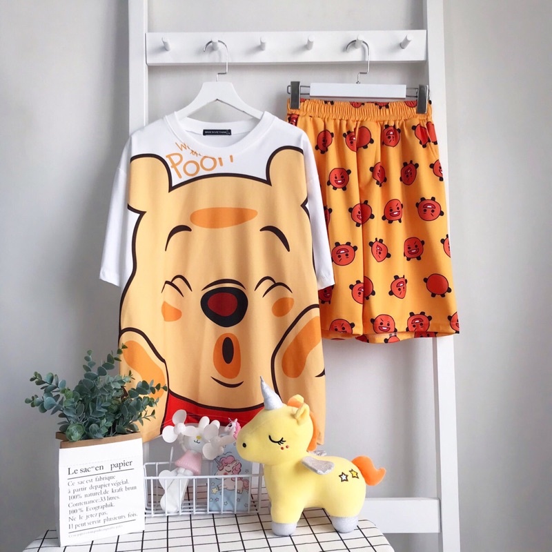 Set bộ Cartoon GẤU POON  phối quần đùi hoạt hình mặc nhà from rộng Unisex Freesize 38-70kg Nam nữ