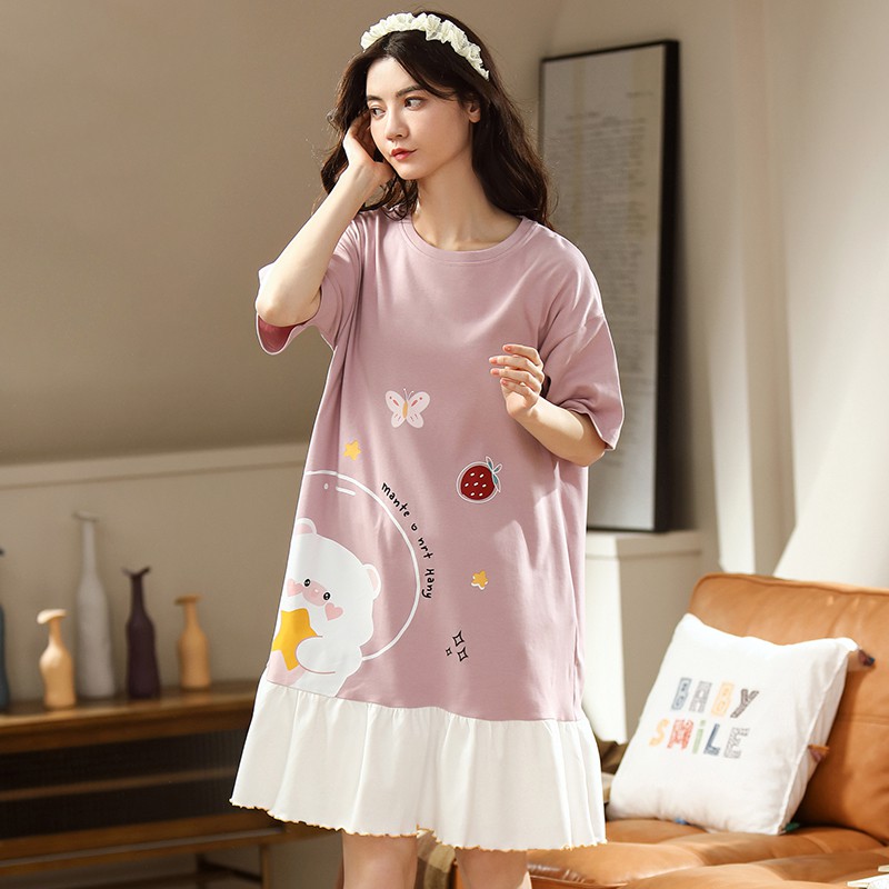 Đầm Thun Cotton Ngắn Tay Phối Ren Thời Trang Cho Nữ