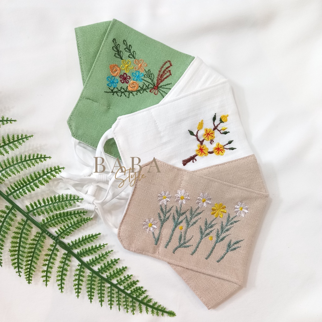 Combo 3 Khẩu Trang  Vải Linen Thêu Họa Tiết Thiên Nhiên 3D 3 Lớp Có Nút Chặn Thời Trang Tặng Kèm Dây Đeo Chống Đau Tai
