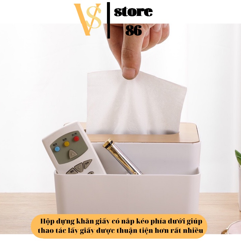 Hộp đựng giấy ăn sang trọng có ngăn để đồ đa năng, Hộp đựng khăn giấy để bàn cao cấp nắp gỗ