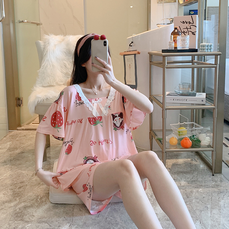 Set Đồ Ngủ Bằng Cotton Ngắn Tay In Họa Tiết Hoạt Hình Phong Cách Hàn Quốc Cho Nữ