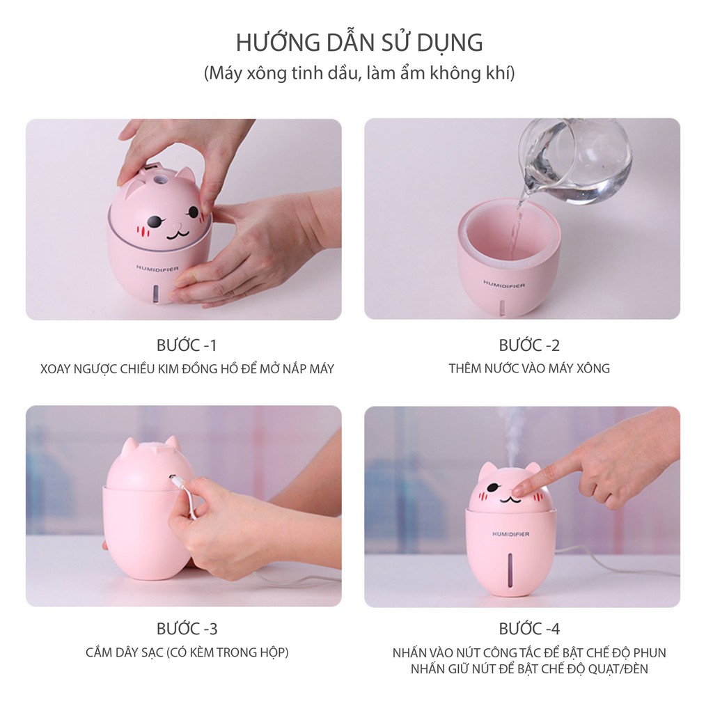 Máy Xông Tinh Dầu Hình Bé Mèo Cute, Làm Ẩm Không Khí 4 Trong 1, Có Cổng Sạc USB (3 màu)