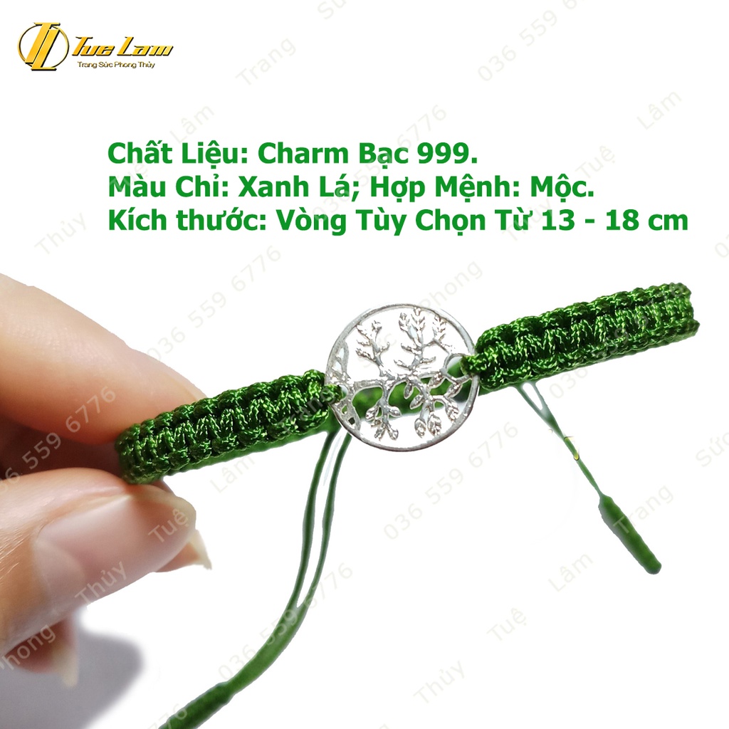 Vòng tay chỉ may mắn màu xanh bện handmade charm bạc hình cây bình an - Tuệ Lâm