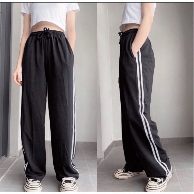 Quần ỐNG RỘNG thể thao 2 Sọc Trắng🍓 Unisex Nam Nữ Màu Đen - Kiểu quần Culottes lưng cao🍓 năng động trẻ trung