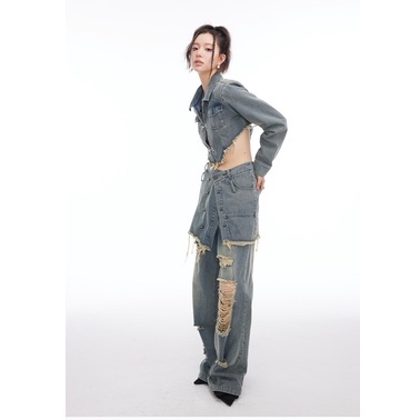 QOEDDV Áo khoác jean tay dài dáng ngắn/ Quần jean dài/ Chân váy jean ngắn cá tính thời trang dành cho nữ