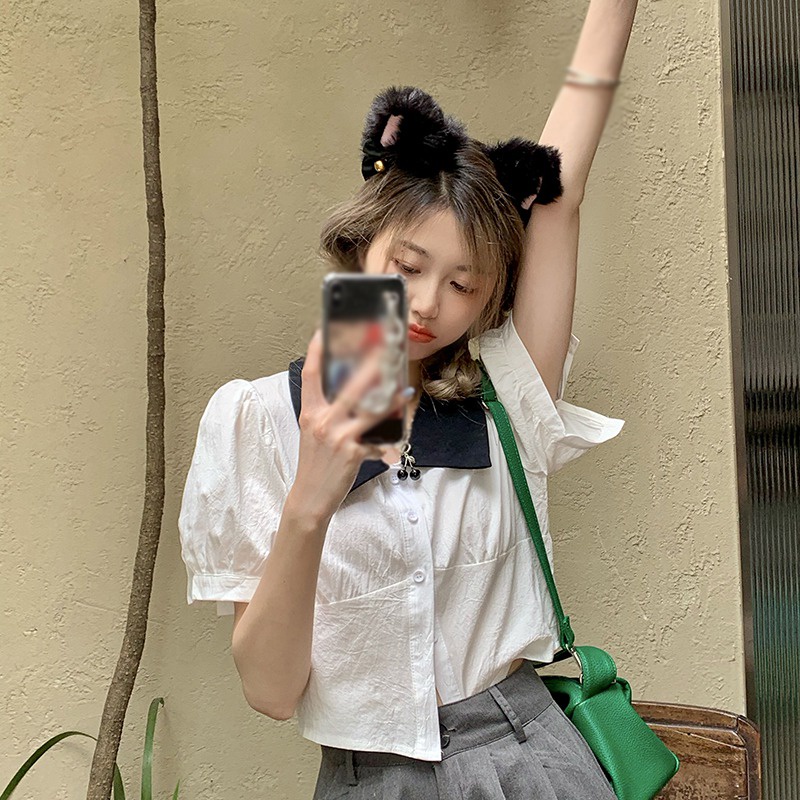 Áo Thun Crop Top Tay Ngắn Phồng Một Hàng Nút Cổ Bẻ Màu Sắc Ngọt Ngào Phong Cách Hàn Quốc Cho Nữ