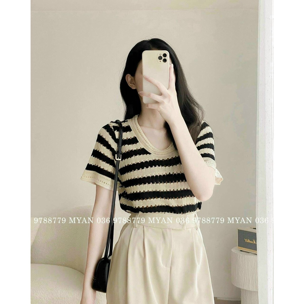 Len Mongtoghi Kẻ Sọc Tay Ngắn Cổ Tròn Phong Cách Hàn Quốc Áo Len Quảng Châu Loại 1 ALSTN