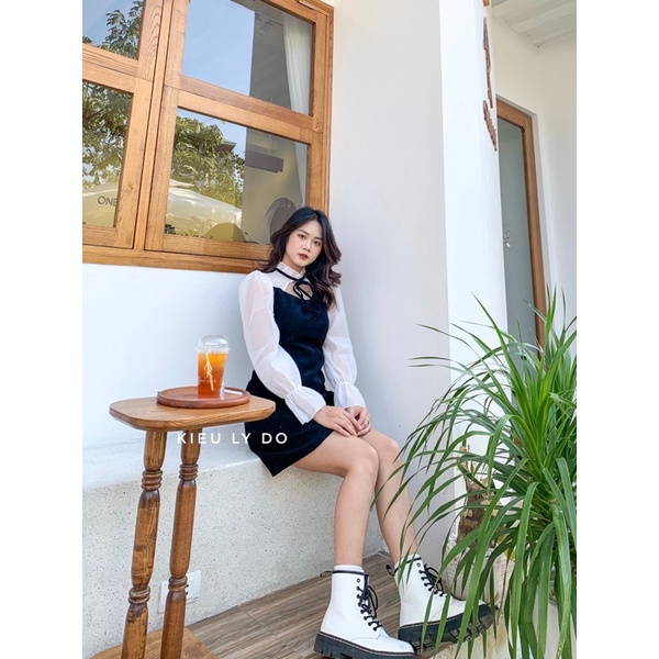 Đầm nhung tăm phối tay dài lụa trắng Váy nhung tăm xinh xắn dài tay . Váy trắng thiết kế, Váy trắng hở vai tay bồng | BigBuy360 - bigbuy360.vn