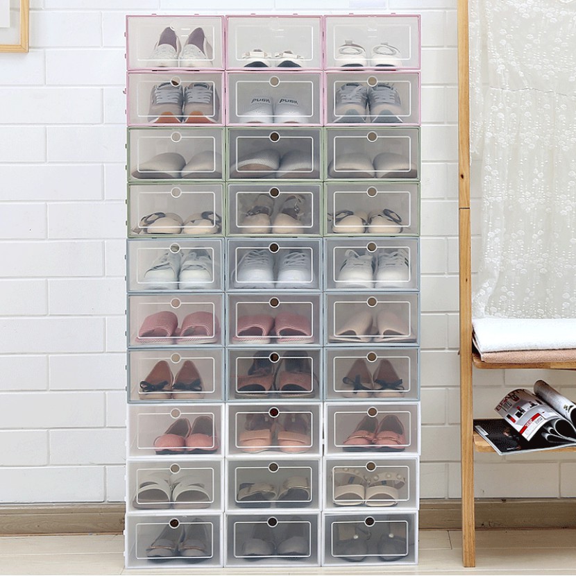 Hộp đựng giày lắp ráp nhựa PP nắp nhựa cứng trong suốt 2 kích thước lựa chọn dành cho cả nam và nữ có thể lắp thành tủ