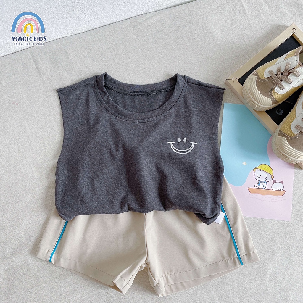 Đồ bộ mặc nhà cho bé trai thoáng mát áo ba lỗ cotton thêu hình mặt cười quần kaki Magickids Quần áo trẻ em AO22005