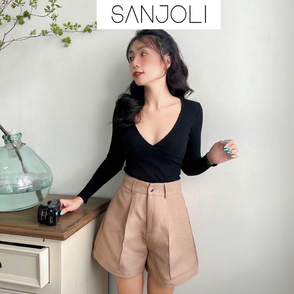 Quần Short Nữ Ông Rộng Lưng Cạp Cao Xốp Nhẹ Đẹp Ulzzang Phong Cách Trẻ Trung Màu Nâu Đen SANJOLI QD008