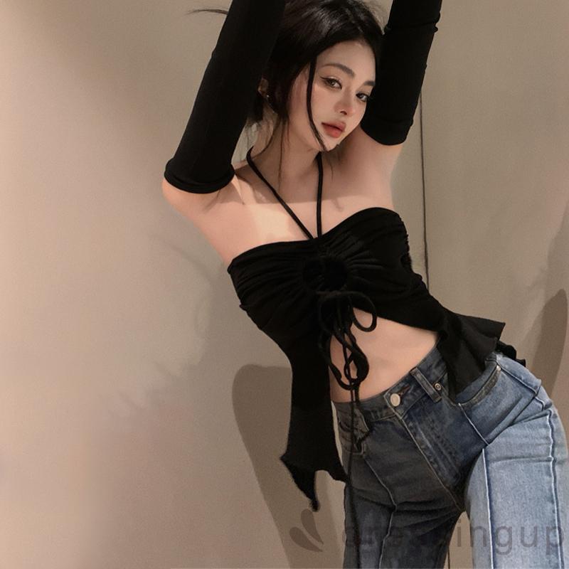 Áo Croptop Màu Trơn Dây Rút Xếp Ly Cổ Yếm Có Tay Áo Thời Trang Cho Nữ