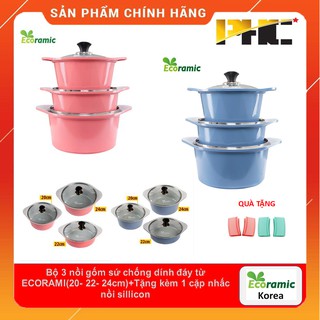 Bộ 3 nồi gốm sứ chống dính đáy từ ECORAMI(20- 22- 24cm)+Tặng kèm 1 cặp nhấc nồi sillicon