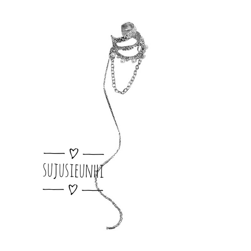 CÓ VIDEO (KHÔNG XỎ) Khuyên tai 3 lớp kẹp vành đính ngọc nhân tạo tua rua thả dài đeo 1 bên duyên dáng