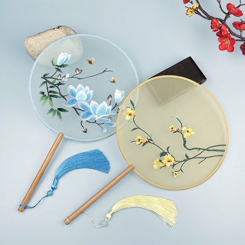 (Ảnh thật) Phụ kiện cổ trang quạt tròn giấy lụa thêu hoa cầm tay cao cấp tặng kèm tua rua họa tiết độc đáo Pura Vida